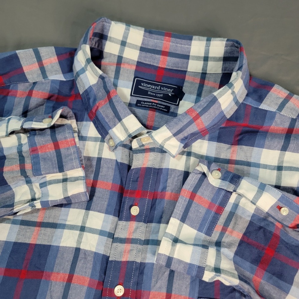 Vineyard Vines Classic Fit Shirt Men's 4XB Gigham Multicolor LS Linen Blend B&T